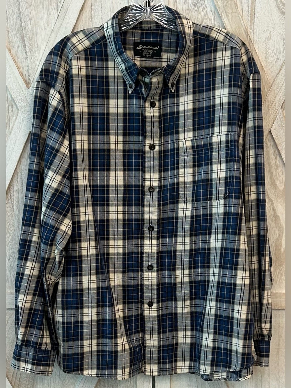 Y2K Eddie Bauer Plaid Flannel Shirt Men’s Large 💯 Cotton Mauritius Blue Cream